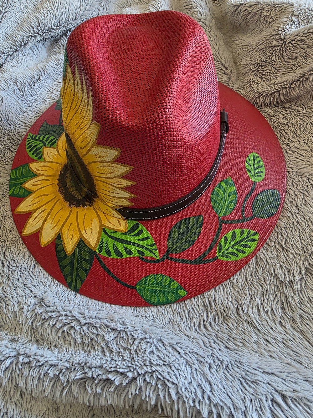 Hand-Painted Red Sunflower Fedora Hat - Women's Accessory